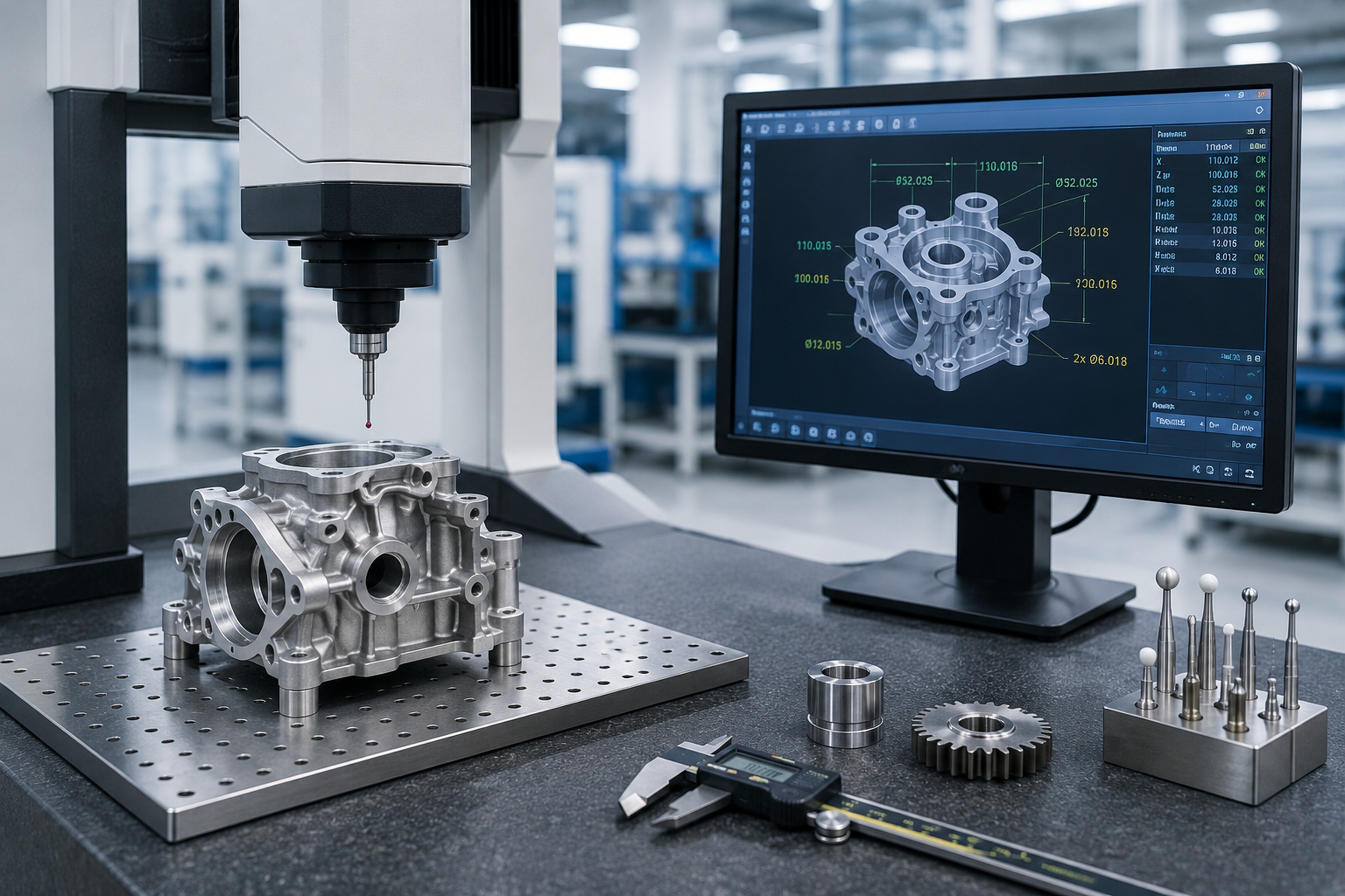 A coordinate measuring machine probing a machined part beside its measurement software